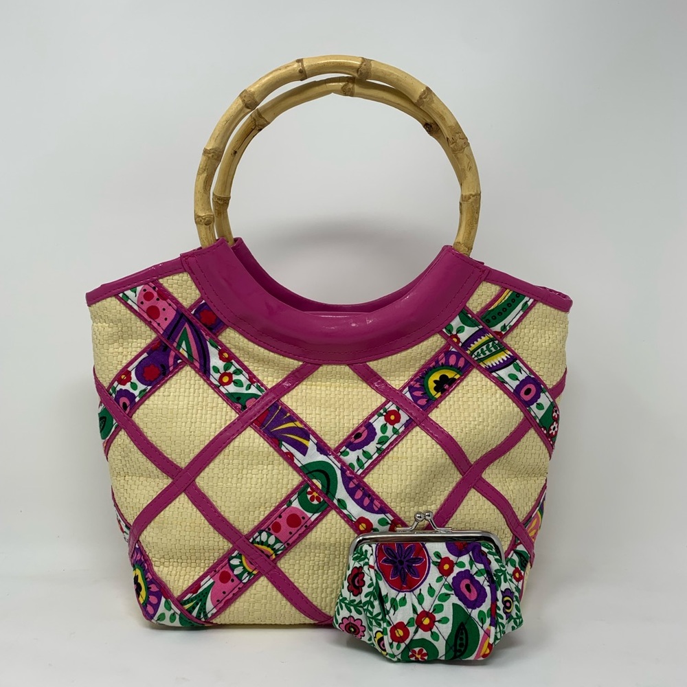 VERA BRADLEY VIVA LA VERA Bamboo Handle Straw Retired Purse w/matching coin bag